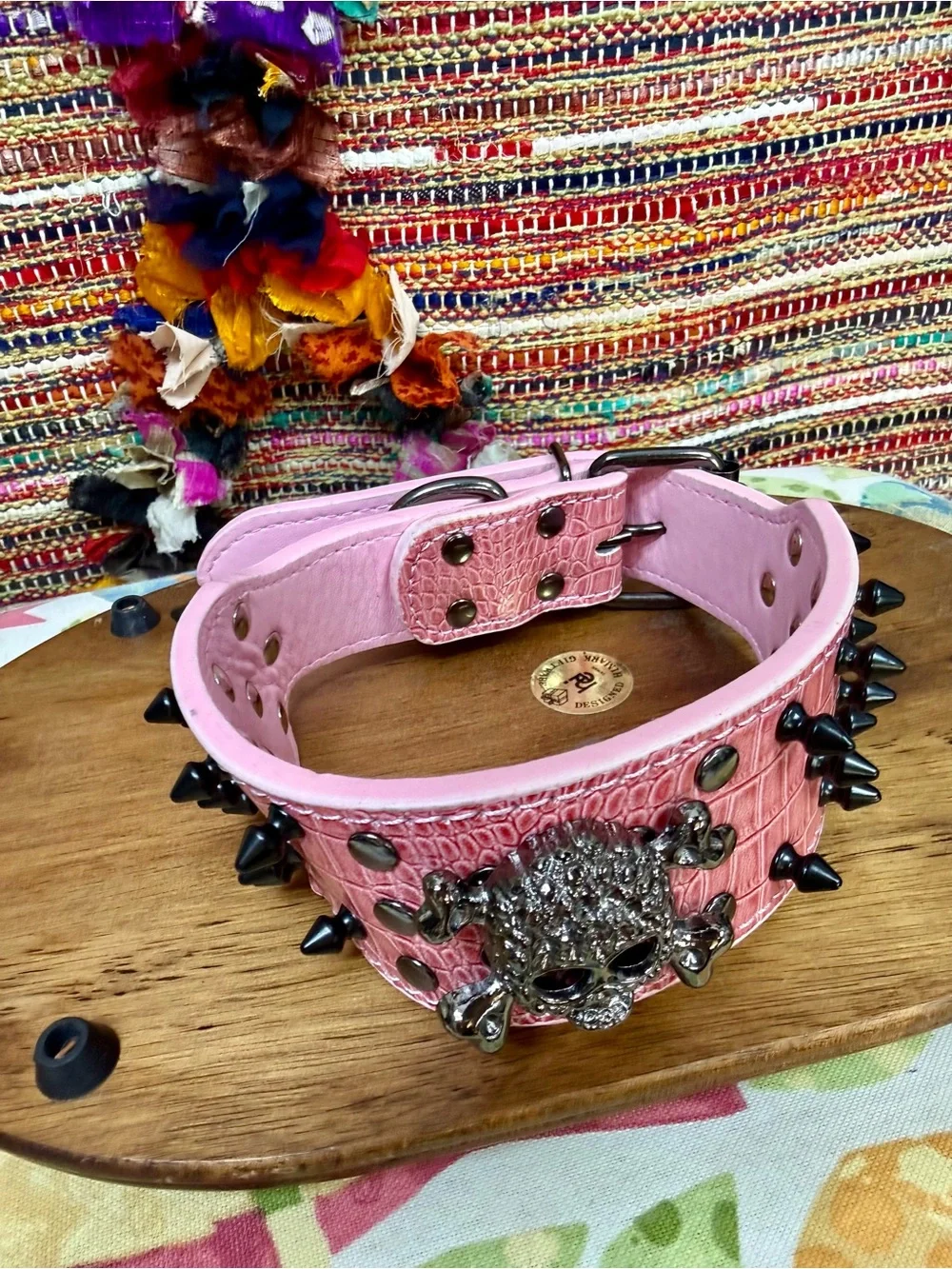 Pink Studded Skull Wide Dog Collar with Spike Accent